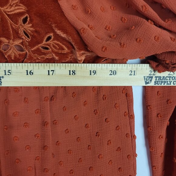 Maurices Boho Top Women's Large Burnt Orange Velvet Embroidered Balloon Sleeve - Picture 7 of 9